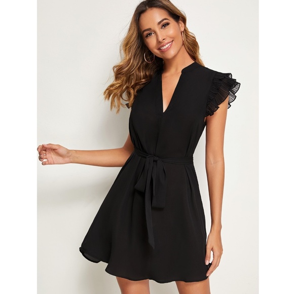 Ruffle Detail Belted V-Neck Black Mini Dress - Picture 2 of 8